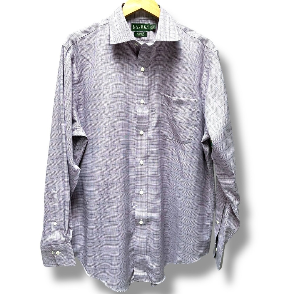 Lauren Ralph Lauren Mens Dress Shirt 16.5 34/35 Purple Green Plaid Non Iron Fit